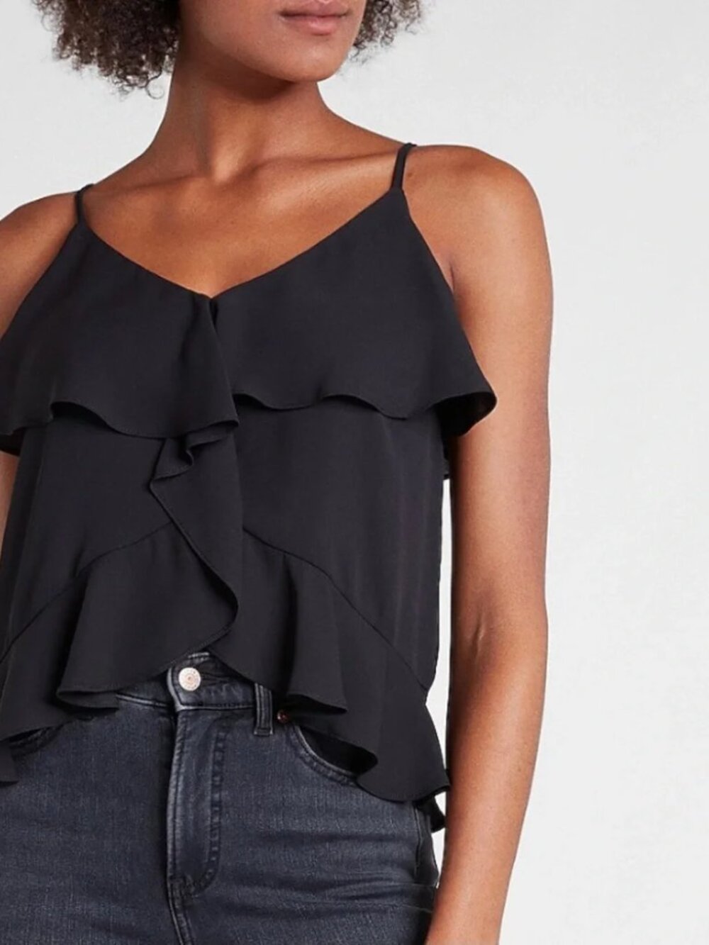 NWT Express Black V Neck Ruffle Cami Top w/ Adjustable Spaghetti Straps